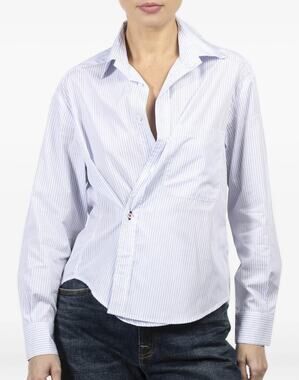 WEAR CISSA Light Blue Striped Cotton The Daily Button Shirt Top Blouse Size XS